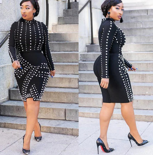 Beaded Long Sleeve Bodycon Dress for Women