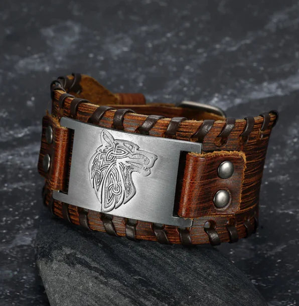Asgard Leather Buckle Arm Cuff with Fenrir Design