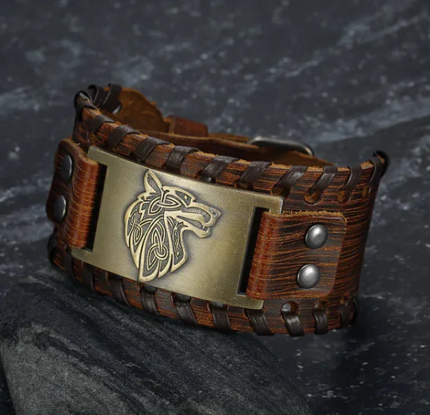 Asgard Leather Buckle Arm Cuff with Fenrir Design